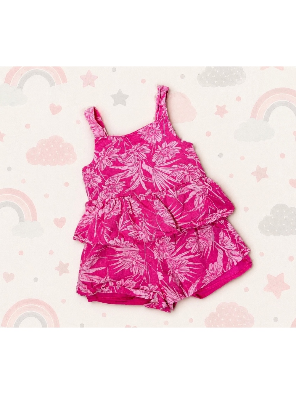 Between Toddler Girl Pink Floral Romper Size 2T Ruffle Layered Summer Outfit